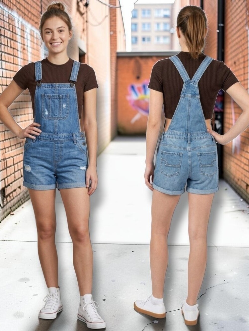 Sabotage Ladies Medium Wash Denim Distressed Overall Shorts